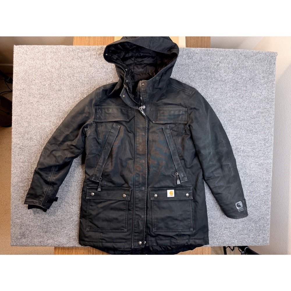 Carhartt Storm Defender Jacket Kids Medium 8/10 Black Canvas Hooded Parka Coat